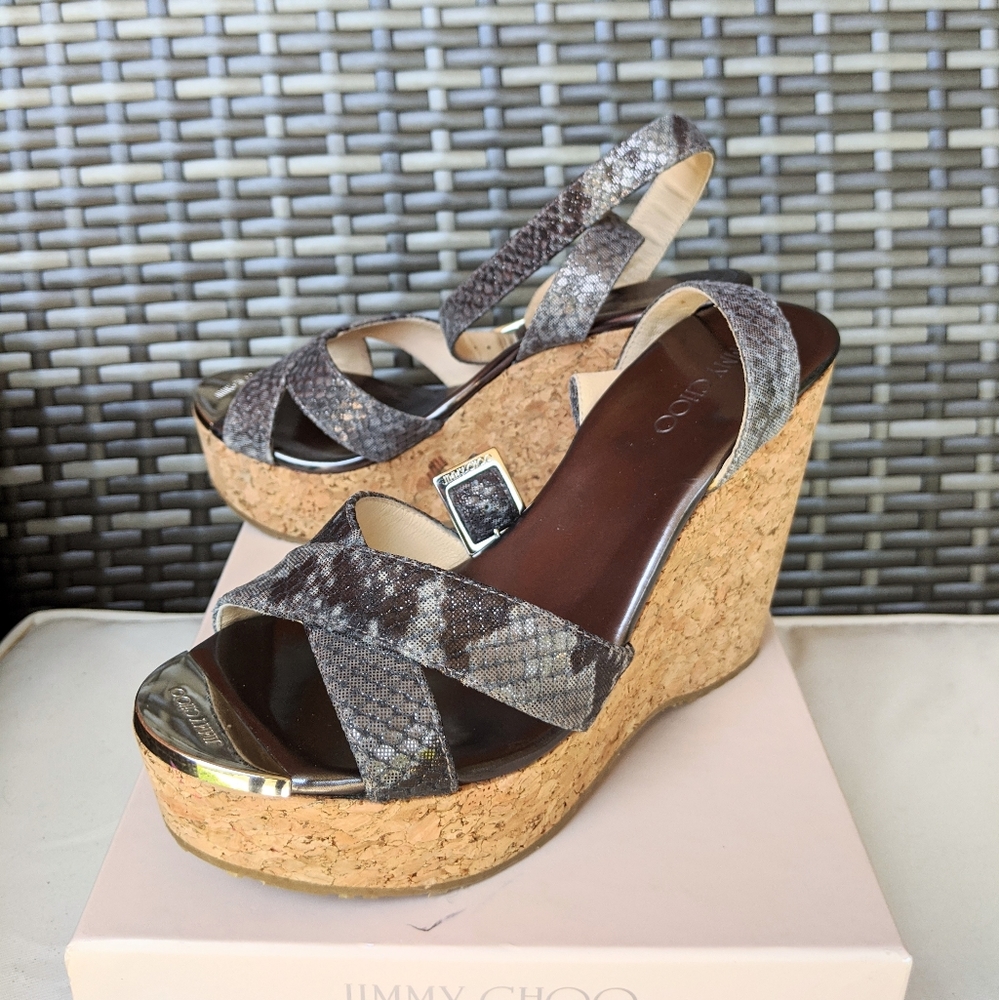 Jimmy Choo Snake Print Summer Wedges 37 NIB